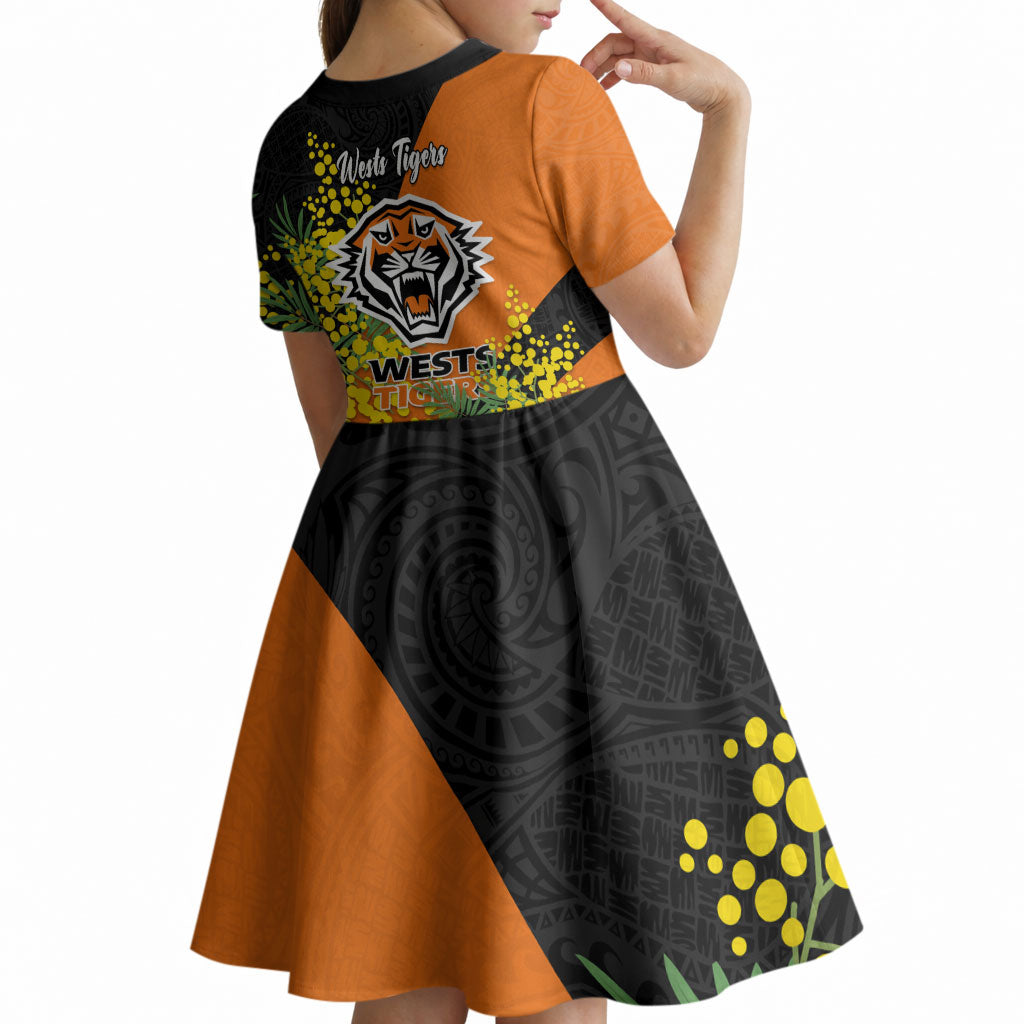 Wests Tigers Kid Short Sleeve Dress Golden Wattle Floral Polynesian - Australian Flower - Rugby Mascot