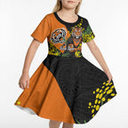 Wests Tigers Kid Short Sleeve Dress Golden Wattle Floral Polynesian - Australian Flower - Rugby Mascot