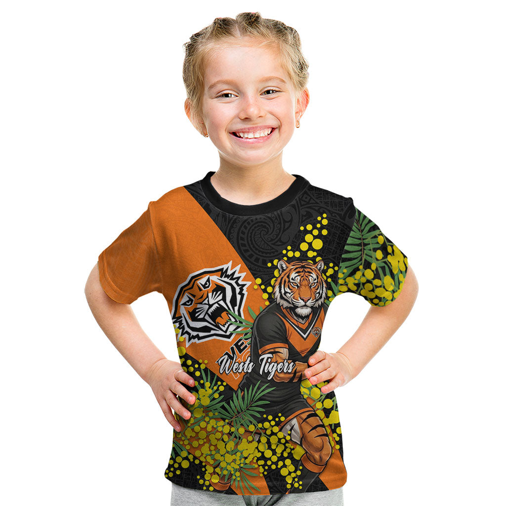 Wests Tigers Kid T Shirt Golden Wattle Floral Polynesian - Australian Flower - Rugby Mascot