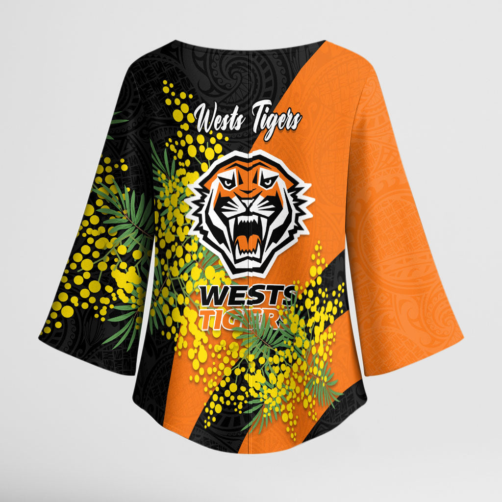 Wests Tigers Kimono Sleeve Blouse Golden Wattle Floral Polynesian - Australian Flower - Rugby Mascot