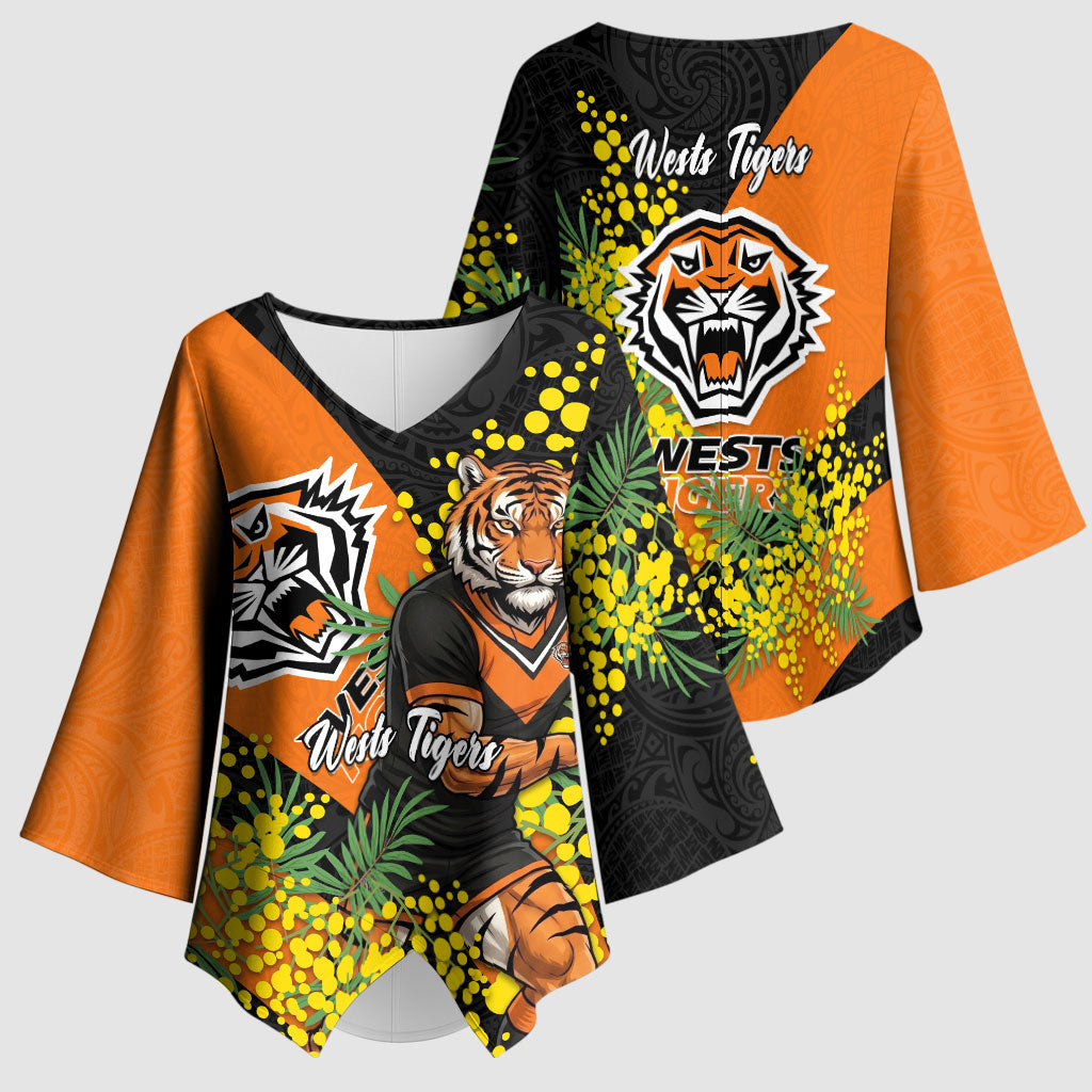 Wests Tigers Kimono Sleeve Blouse Golden Wattle Floral Polynesian - Australian Flower - Rugby Mascot