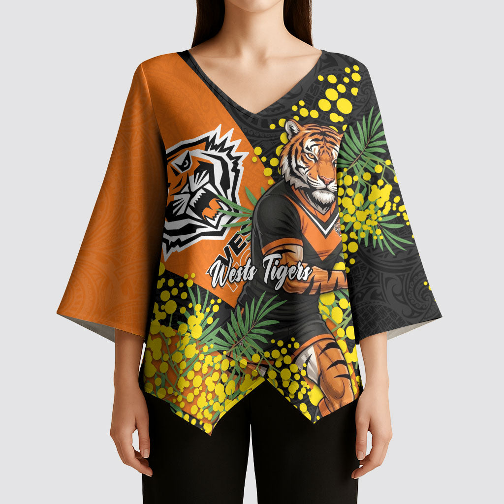 Wests Tigers Kimono Sleeve Blouse Golden Wattle Floral Polynesian - Australian Flower - Rugby Mascot