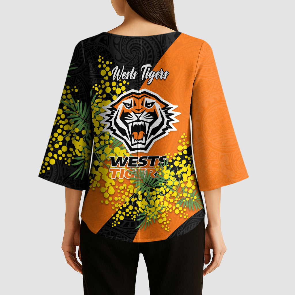 Wests Tigers Kimono Sleeve Blouse Golden Wattle Floral Polynesian - Australian Flower - Rugby Mascot