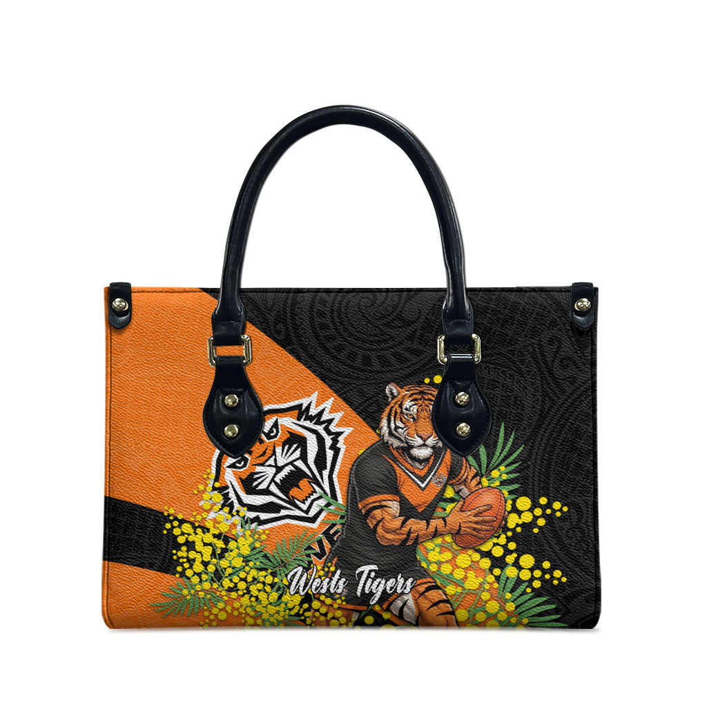 Wests Tigers Leather Bag Golden Wattle Floral Polynesian - Australian Flower - Rugby Mascot
