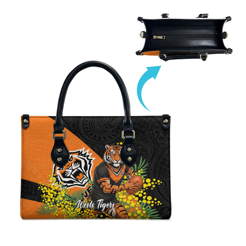 Wests Tigers Leather Bag Golden Wattle Floral Polynesian - Australian Flower - Rugby Mascot