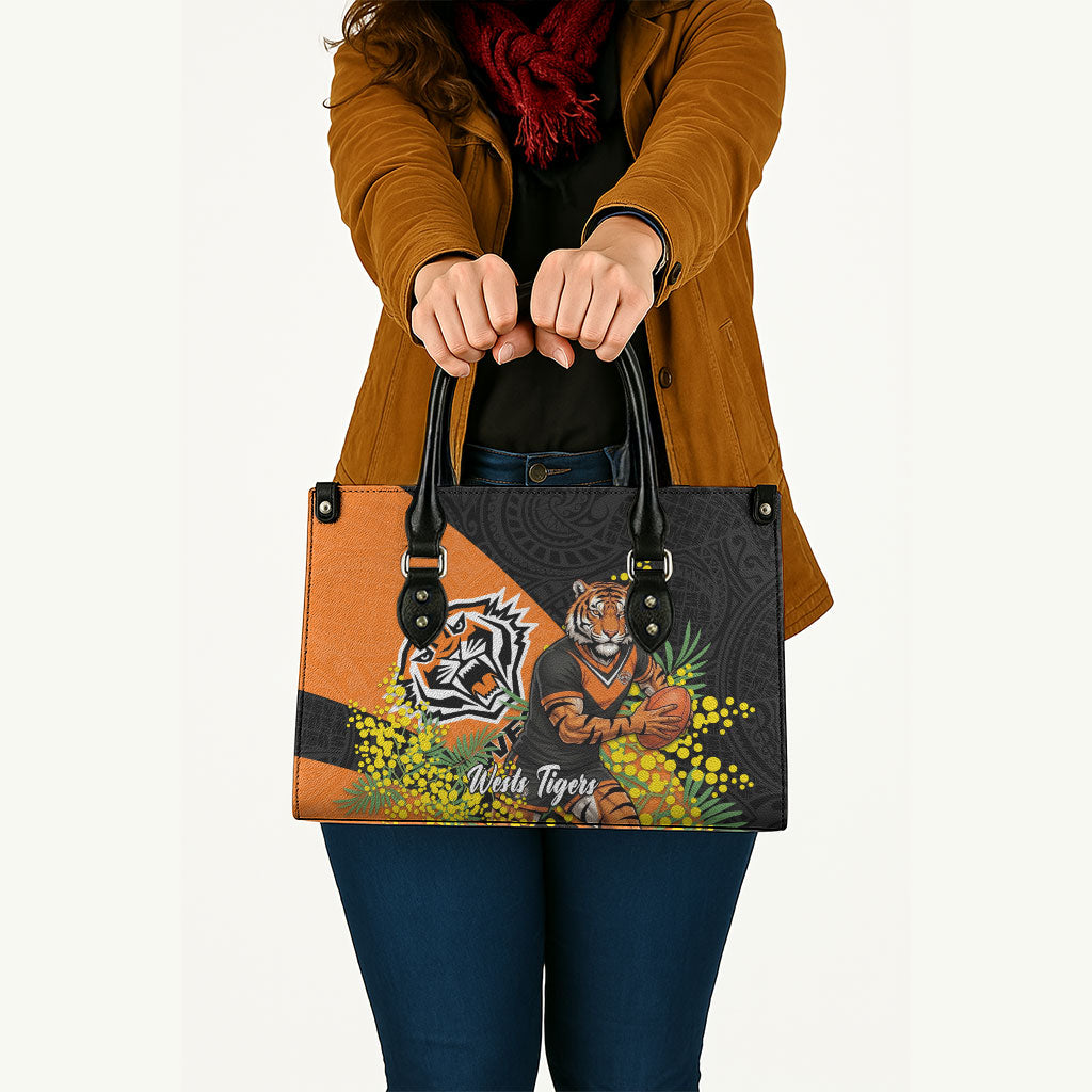 Wests Tigers Leather Bag Golden Wattle Floral Polynesian - Australian Flower - Rugby Mascot