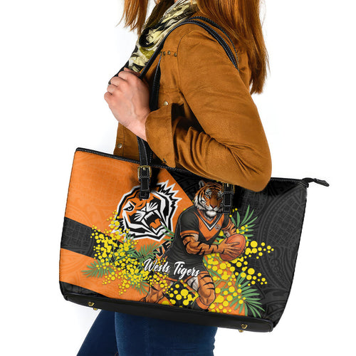 Wests Tigers Leather Tote Bag Golden Wattle Floral Polynesian - Australian Flower - Rugby Mascot