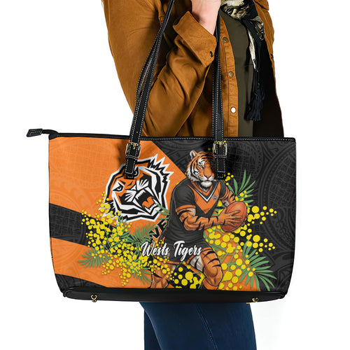 Wests Tigers Leather Tote Bag Golden Wattle Floral Polynesian - Australian Flower - Rugby Mascot