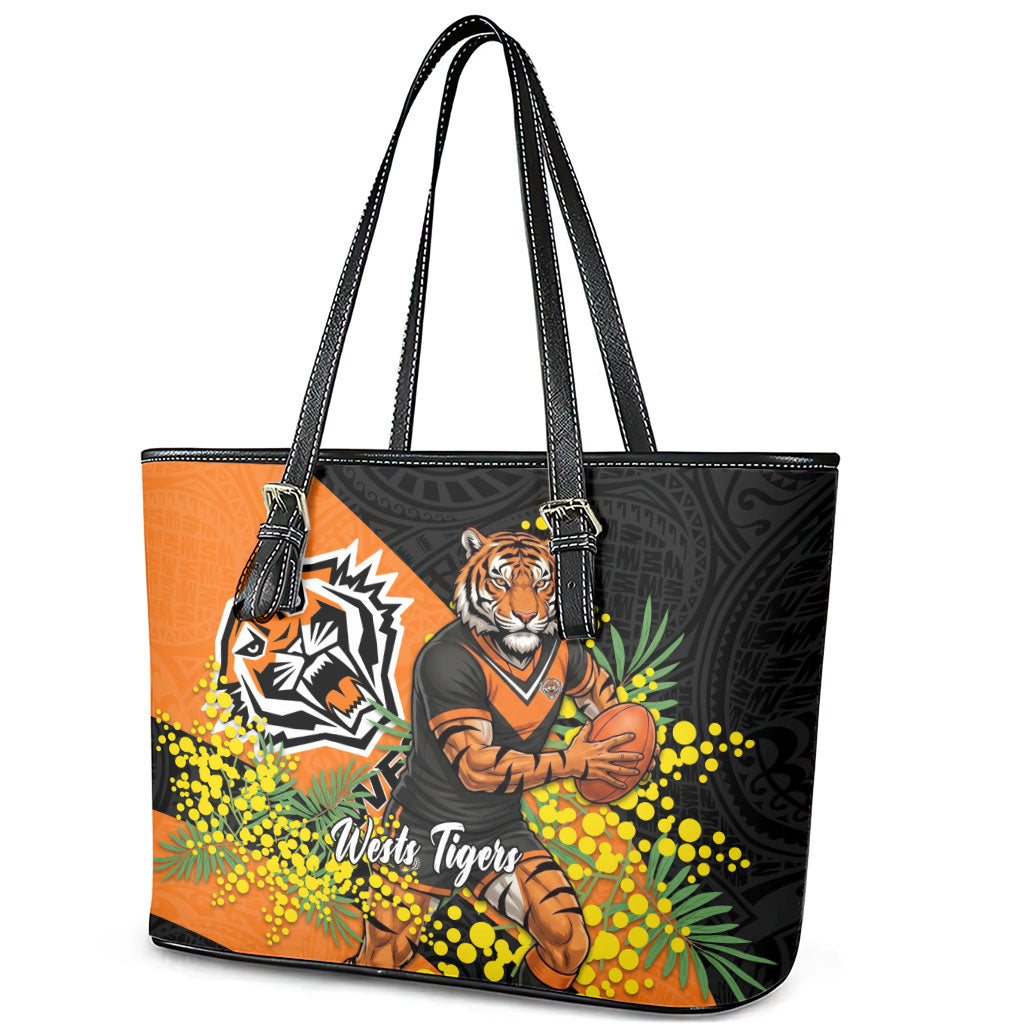 Wests Tigers Leather Tote Bag Golden Wattle Floral Polynesian - Australian Flower - Rugby Mascot