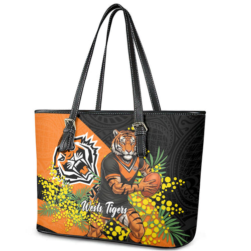 Wests Tigers Leather Tote Bag Golden Wattle Floral Polynesian - Australian Flower - Rugby Mascot