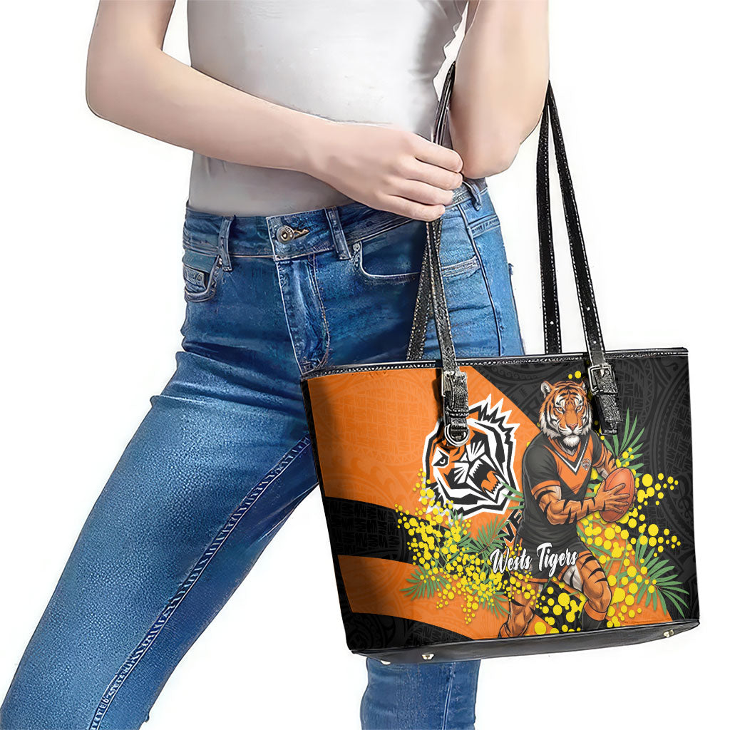 Wests Tigers Leather Tote Bag Golden Wattle Floral Polynesian - Australian Flower - Rugby Mascot