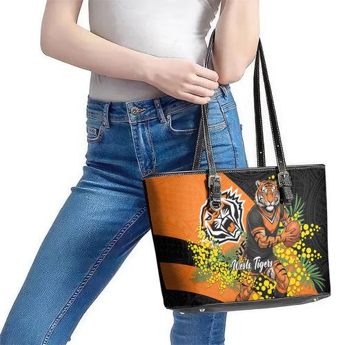 Wests Tigers Leather Tote Bag Golden Wattle Floral Polynesian - Australian Flower - Rugby Mascot