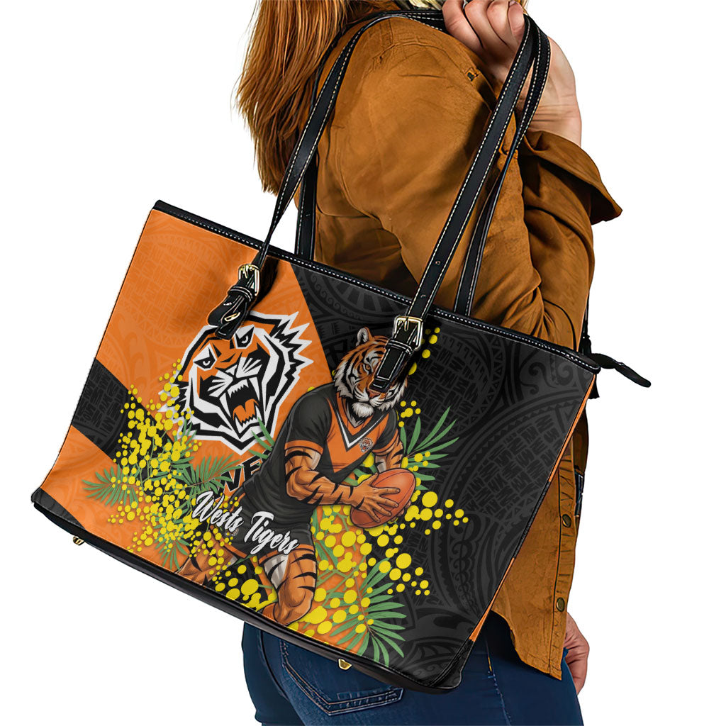 Wests Tigers Leather Tote Bag Golden Wattle Floral Polynesian - Australian Flower - Rugby Mascot