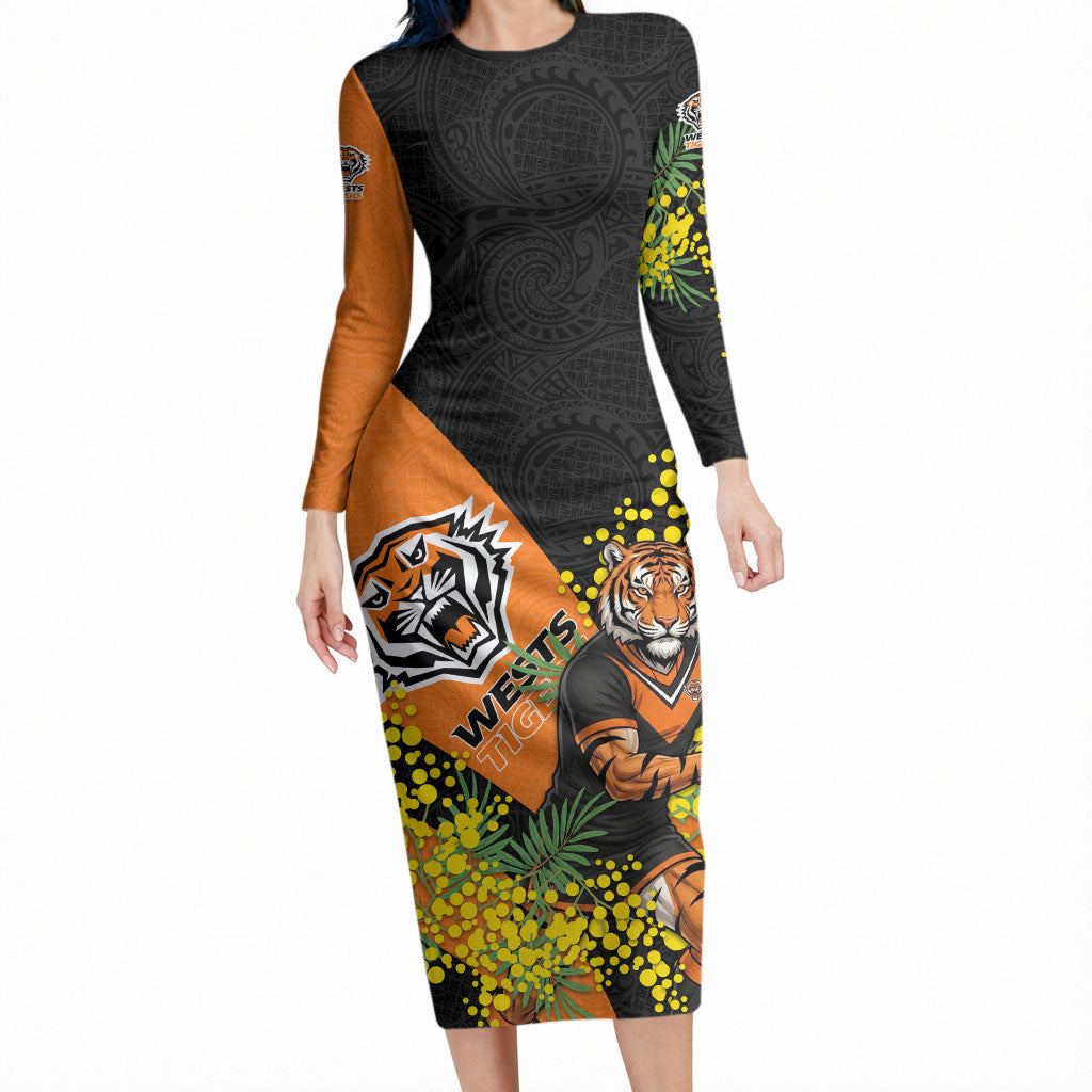 Wests Tigers Long Sleeve Bodycon Dress Golden Wattle Floral Polynesian - Australian Flower - Rugby Mascot