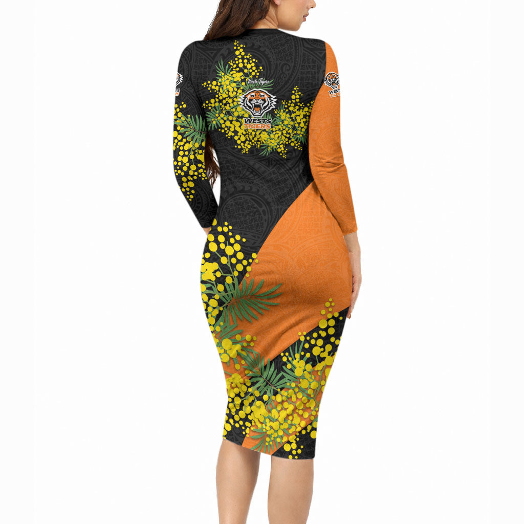 Wests Tigers Long Sleeve Bodycon Dress Golden Wattle Floral Polynesian - Australian Flower - Rugby Mascot