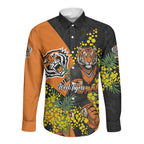 Wests Tigers Long Sleeve Button Shirt Golden Wattle Floral Polynesian - Australian Flower - Rugby Mascot