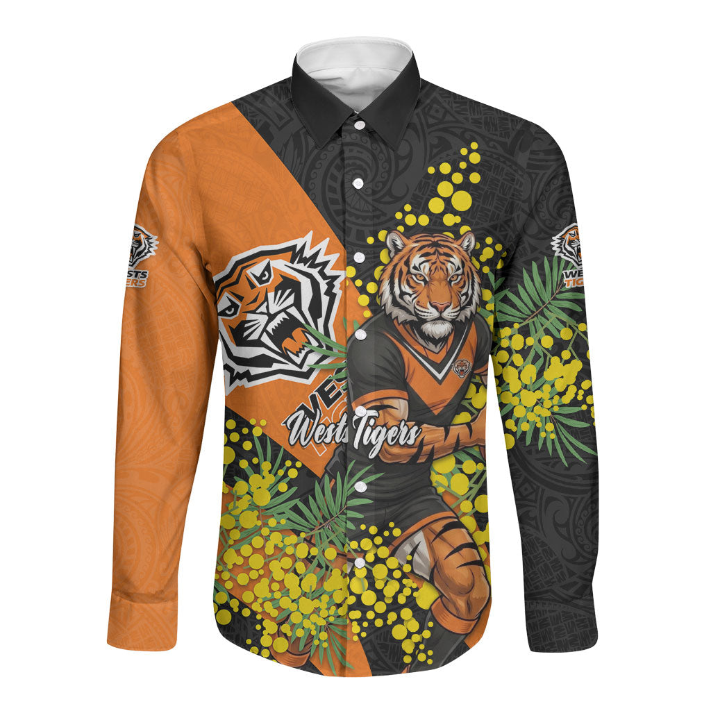 Wests Tigers Long Sleeve Button Shirt Golden Wattle Floral Polynesian - Australian Flower - Rugby Mascot