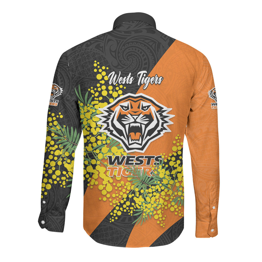 Wests Tigers Long Sleeve Button Shirt Golden Wattle Floral Polynesian - Australian Flower - Rugby Mascot