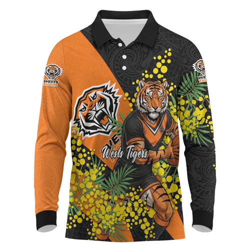 Wests Tigers Long Sleeve Polo Shirt Golden Wattle Floral Polynesian - Australian Flower - Rugby Mascot