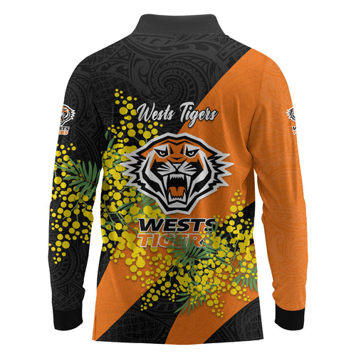 Wests Tigers Long Sleeve Polo Shirt Golden Wattle Floral Polynesian - Australian Flower - Rugby Mascot