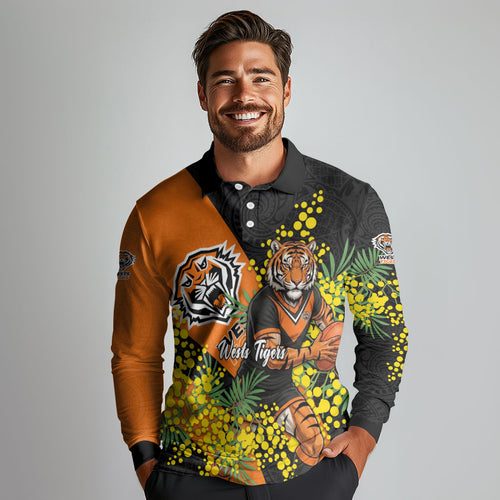 Wests Tigers Long Sleeve Polo Shirt Golden Wattle Floral Polynesian - Australian Flower - Rugby Mascot