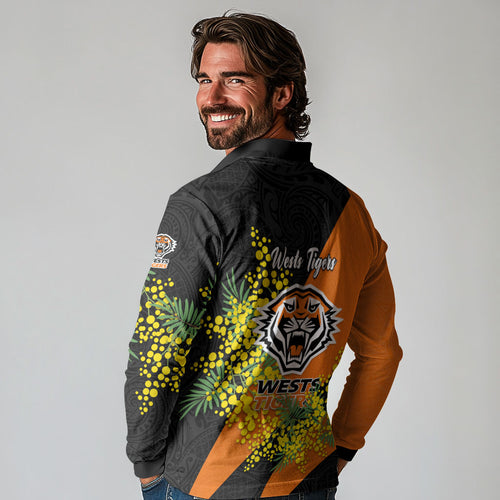 Wests Tigers Long Sleeve Polo Shirt Golden Wattle Floral Polynesian - Australian Flower - Rugby Mascot