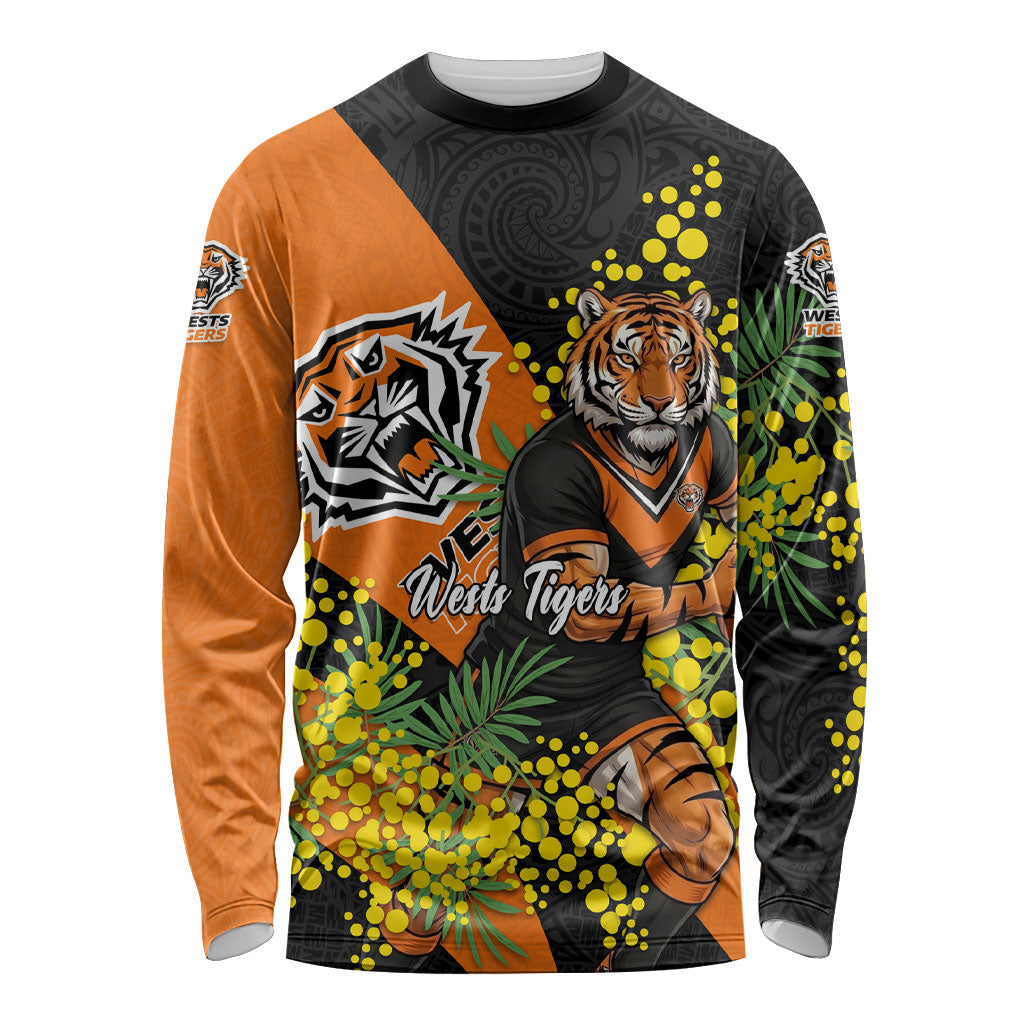 Wests Tigers Long Sleeve Shirt Golden Wattle Floral Polynesian - Australian Flower - Rugby Mascot