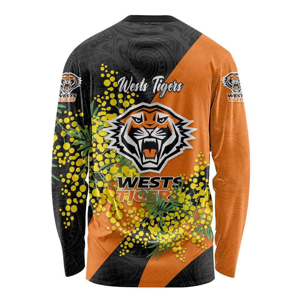 Wests Tigers Long Sleeve Shirt Golden Wattle Floral Polynesian - Australian Flower - Rugby Mascot