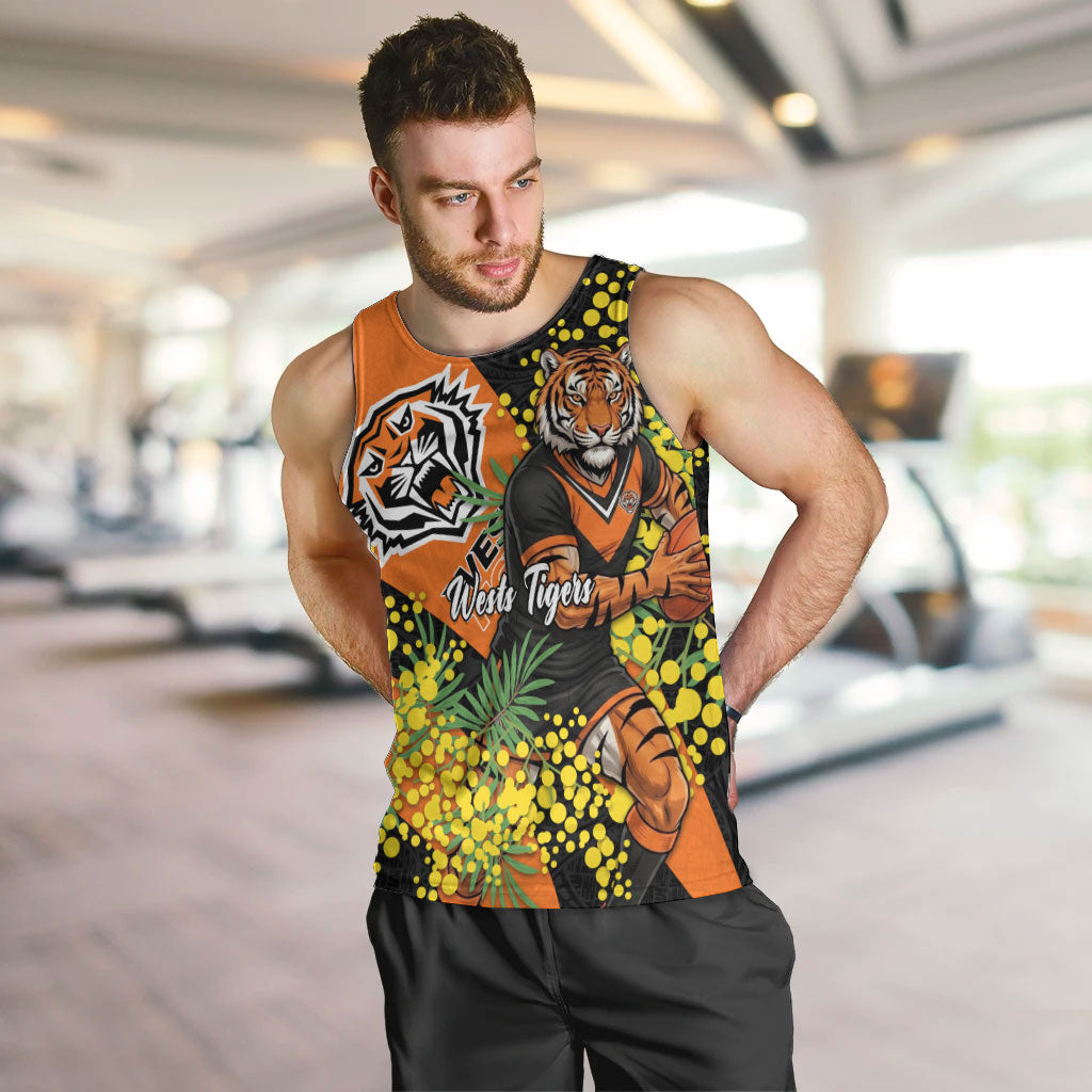 Wests Tigers Men Tank Top Golden Wattle Floral Polynesian - Australian Flower - Rugby Mascot