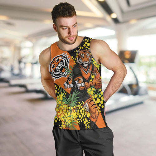 Wests Tigers Men Tank Top Golden Wattle Floral Polynesian - Australian Flower - Rugby Mascot