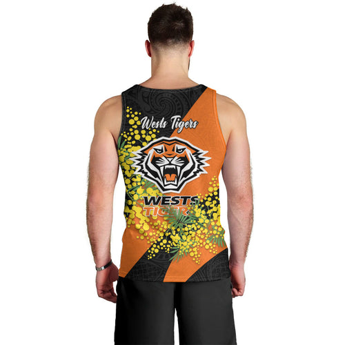 Wests Tigers Men Tank Top Golden Wattle Floral Polynesian - Australian Flower - Rugby Mascot