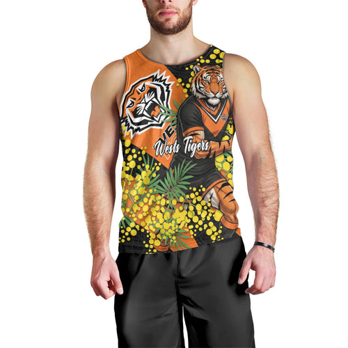 Wests Tigers Men Tank Top Golden Wattle Floral Polynesian - Australian Flower - Rugby Mascot