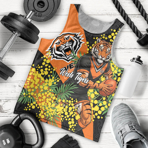 Wests Tigers Men Tank Top Golden Wattle Floral Polynesian - Australian Flower - Rugby Mascot