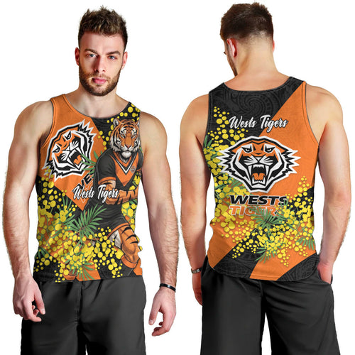 Wests Tigers Men Tank Top Golden Wattle Floral Polynesian - Australian Flower - Rugby Mascot