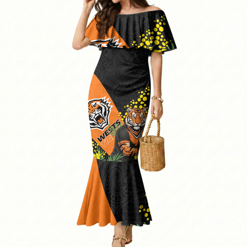 Wests Tigers Mermaid Dress Golden Wattle Floral Polynesian - Australian Flower - Rugby Mascot