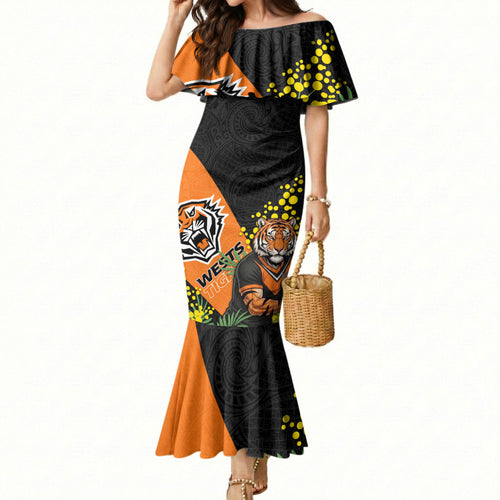 Wests Tigers Mermaid Dress Golden Wattle Floral Polynesian - Australian Flower - Rugby Mascot