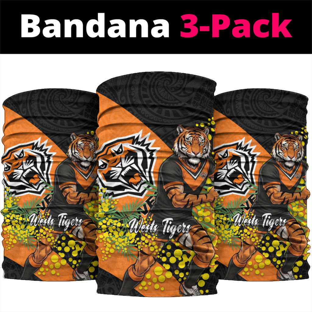 Wests Tigers Neck Gaiter Golden Wattle Floral Polynesian - Australian Flower - Rugby Mascot