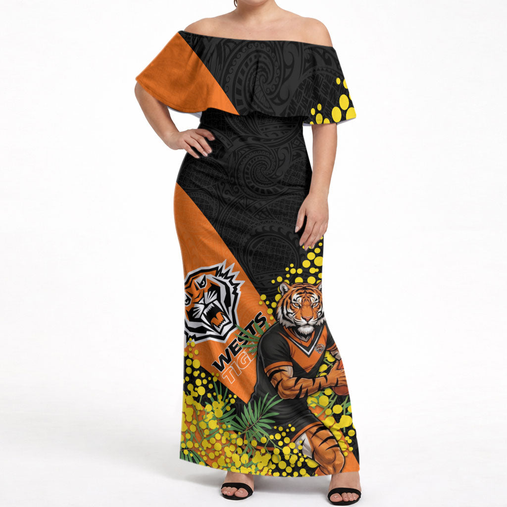 Wests Tigers Off Shoulder Maxi Dress Golden Wattle Floral Polynesian - Australian Flower - Rugby Mascot