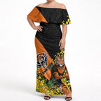 Wests Tigers Off Shoulder Maxi Dress Golden Wattle Floral Polynesian - Australian Flower - Rugby Mascot