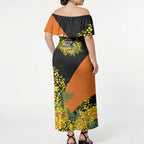 Wests Tigers Off Shoulder Maxi Dress Golden Wattle Floral Polynesian - Australian Flower - Rugby Mascot