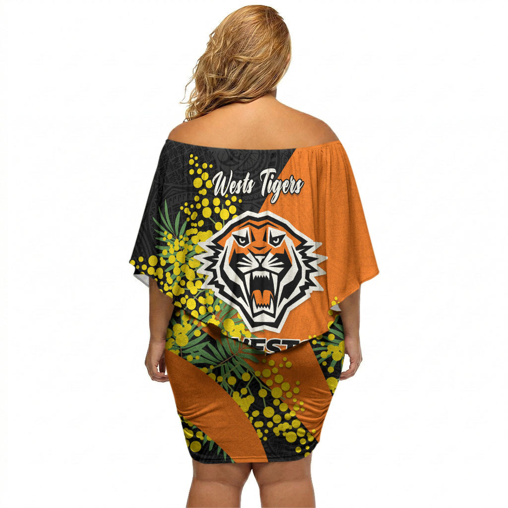 Wests Tigers Off Shoulder Short Dress Golden Wattle Floral Polynesian - Australian Flower - Rugby Mascot