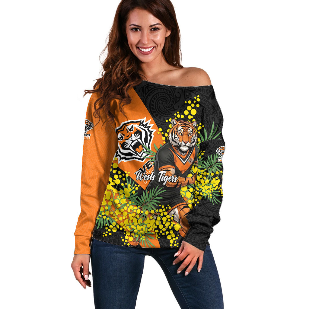 Wests Tigers Off Shoulder Sweater Golden Wattle Floral Polynesian - Australian Flower - Rugby Mascot