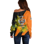 Wests Tigers Off Shoulder Sweater Golden Wattle Floral Polynesian - Australian Flower - Rugby Mascot