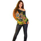 Wests Tigers Off Shoulder Sweater Golden Wattle Floral Polynesian - Australian Flower - Rugby Mascot