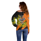 Wests Tigers Off Shoulder Sweater Golden Wattle Floral Polynesian - Australian Flower - Rugby Mascot
