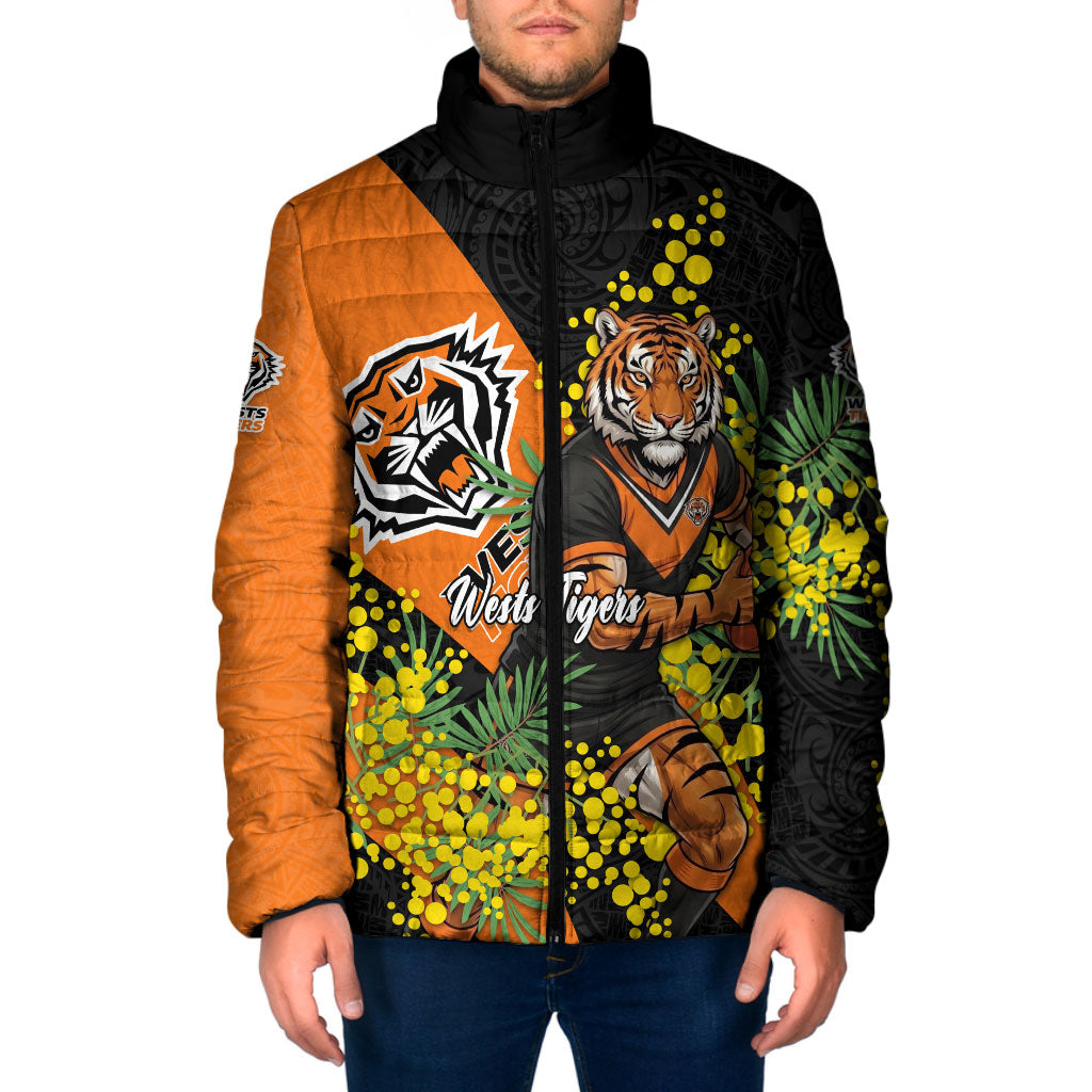 Wests Tigers Padded Jacket Golden Wattle Floral Polynesian - Australian Flower - Rugby Mascot