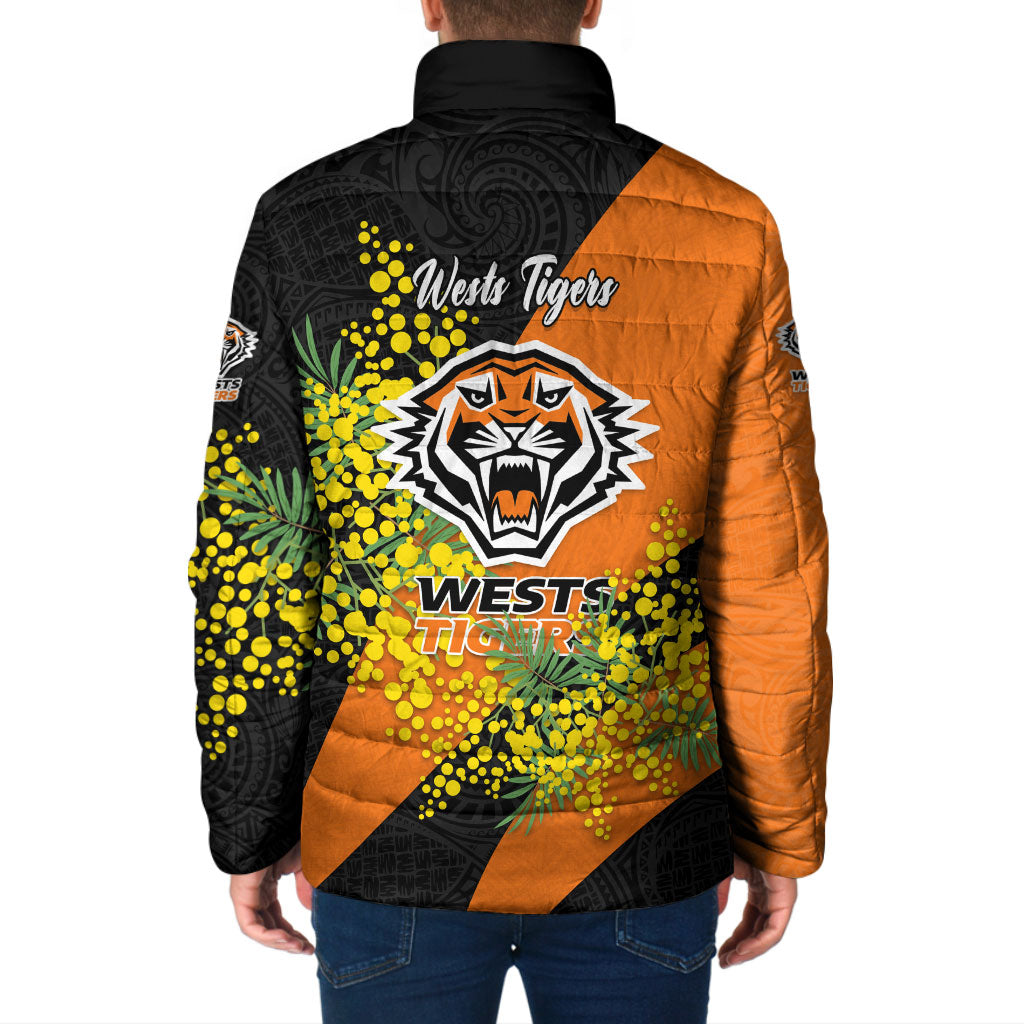 Wests Tigers Padded Jacket Golden Wattle Floral Polynesian - Australian Flower - Rugby Mascot