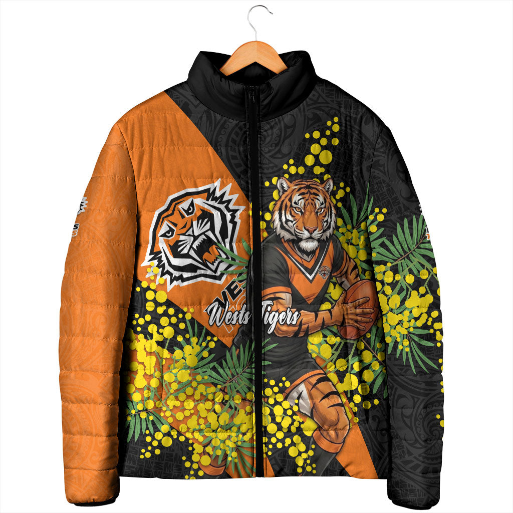 Wests Tigers Padded Jacket Golden Wattle Floral Polynesian - Australian Flower - Rugby Mascot