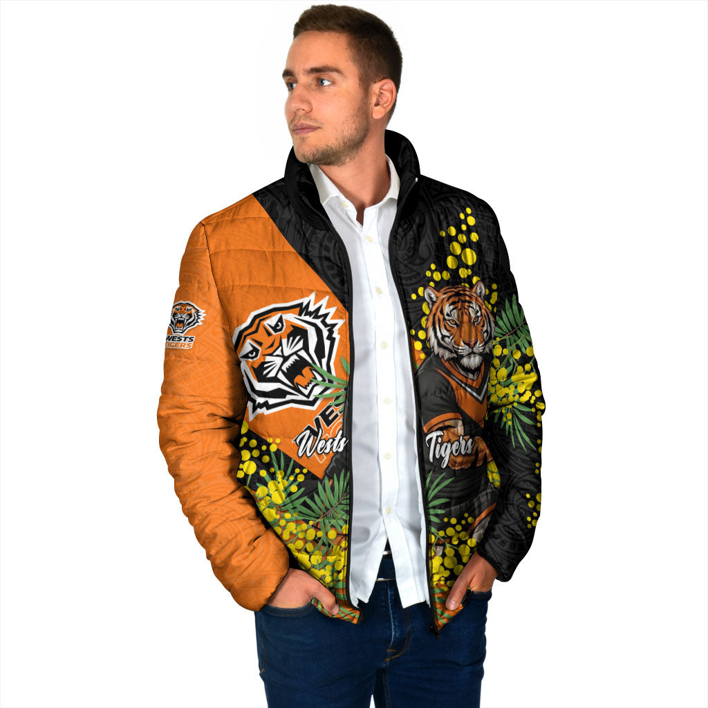 Wests Tigers Padded Jacket Golden Wattle Floral Polynesian - Australian Flower - Rugby Mascot