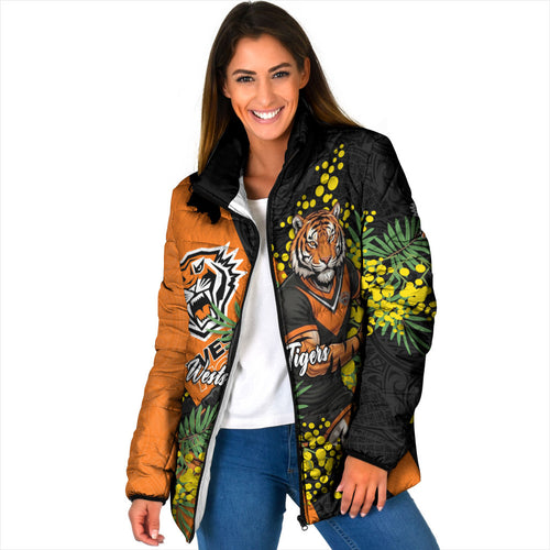 Wests Tigers Padded Jacket Golden Wattle Floral Polynesian - Australian Flower - Rugby Mascot